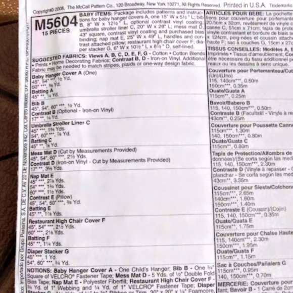 *McCALLS #M5409&M5604*SHOPPING BASKET & HIGH CHAIR COVER*SET OF 2*PRICE IS FIRM - Picture 9 of 9